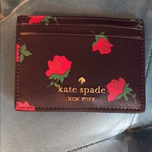 Kate Spade Black Card Holder with Red Floral Design